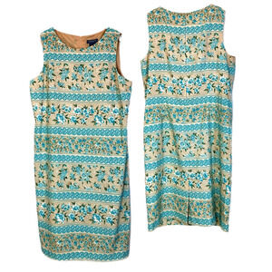 Midi Sleeveless Sheath Dress Floral Blue/Tan Women 18 Slit Career Koret Vintage